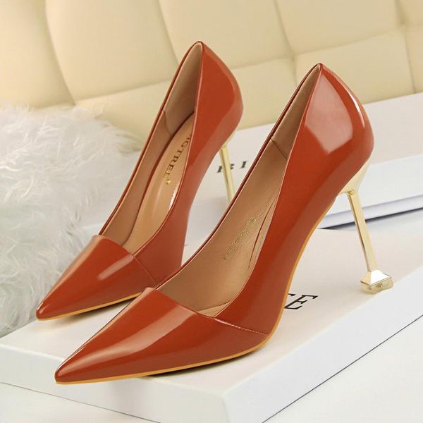 

autumn women shoes pointed toe pumps 10cm thin heels wedding dress fashion simple ol patent leather high boat, Black