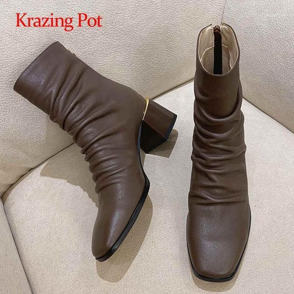 

boots krazing pot fashion genuine leather pleated streetwear square toe thick high heel zipper beauty lady dress ankle l891, Black
