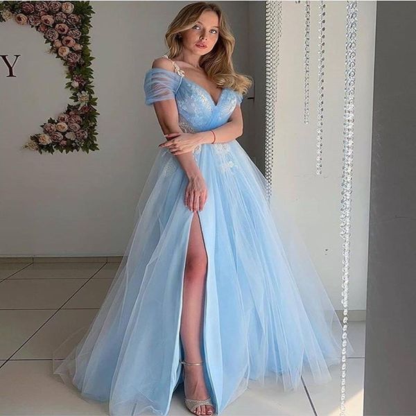 

party dresses vkiss store verngo off the shoulder prom dress long tulle lace applique light sky blue gowns side slit elegant, White;black