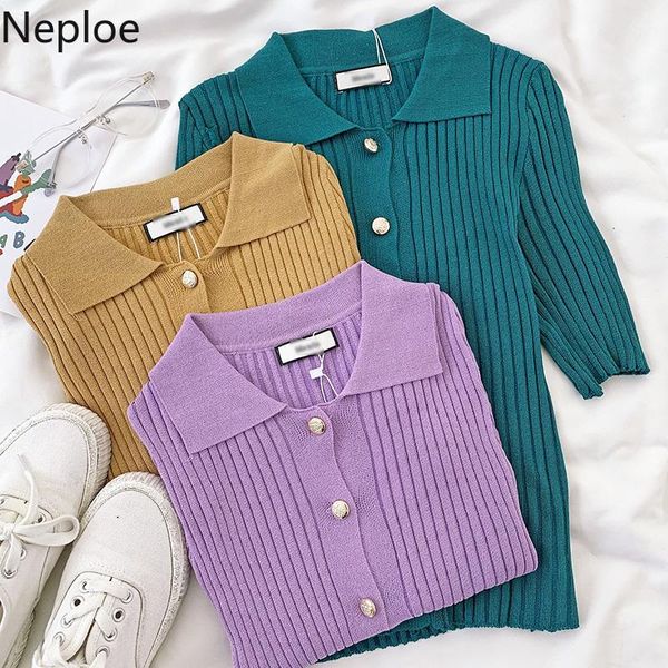 

neploe korean stretch slim short sweater coat 2021 single breasted knitwear sleeve turn down collar knit cardigan 4b161 women's knits &, White