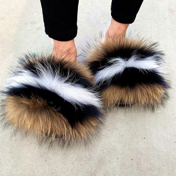 

fashion women slides real fur slippers beach ladies flip flops cute fluffy plush furry raccoon, Black