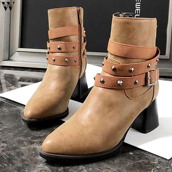 

boots women's high-heeled pointed shoes multi-layer buckle back zipper solid color retro fashion 2021 style .30, Black