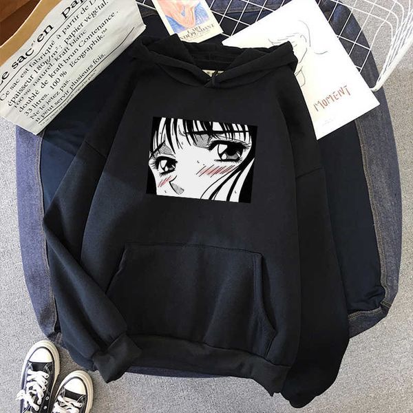 

winter punk japanese anime fashion ulzzang plus size vintage cartoon female ins long sleeve loose hooded sweatshirt 210608, Black