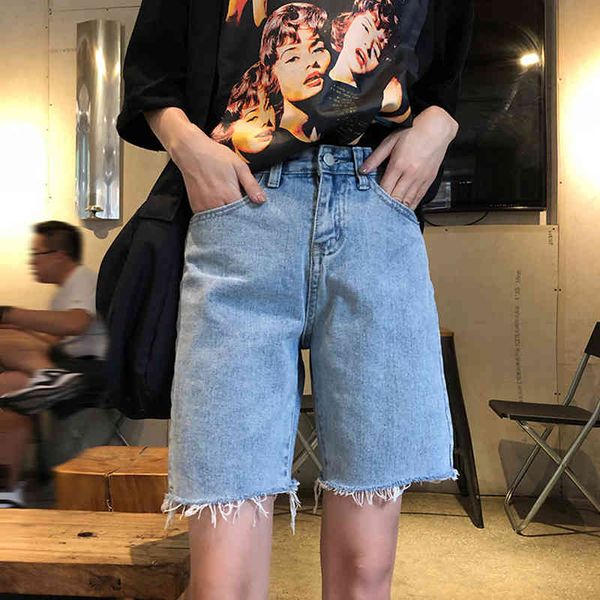 Lucyever Sommer Blau Damen Denim Shorts Casual Quaste Hohe Taille Kurze Hosen Frau Koreanische Gerade Fünf Punkte Shorts Dame 210521