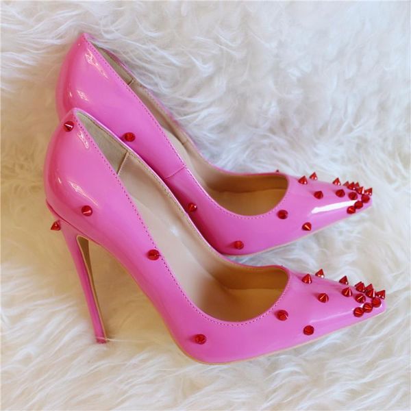 

dress shoes sweet pink patent leather high heel pumps 12cm red spike rivets pointed toe wedding bride night club pump women, Black