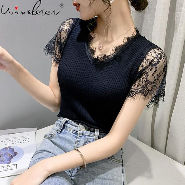 

women's t-shirt summer korean clothes knit fashion patchwork lace women casual back hollow out pullover tees 2021 t13008a, White