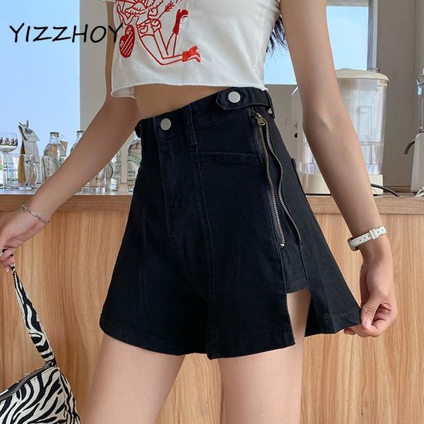 

women's shorts yizzhoy summer retro female pocket button loose ladies jeans women streetwear zipper high waist black denim, White;black