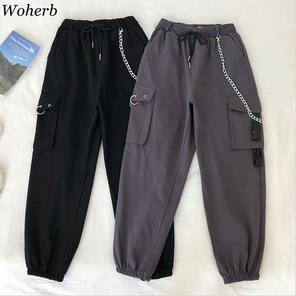 

women's pants & capris woherb spring streetwear cargo women harajuku bf loose big pocket chain patch hearm high waist female trousers, Black;white