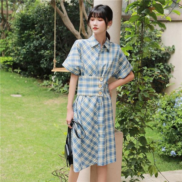 

fashion asymmetric defined waist plaid shirt dress summer designer buttons turn down collar long holiday casual dresses, Black;gray