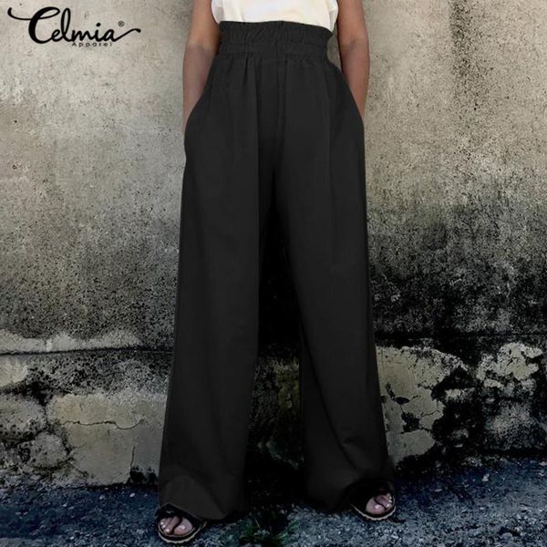 

women's pants & capris celmia vintage 2021 autumn women high waist casual trousers loose pockets solid wide leg long palazzo pantalones, Black;white