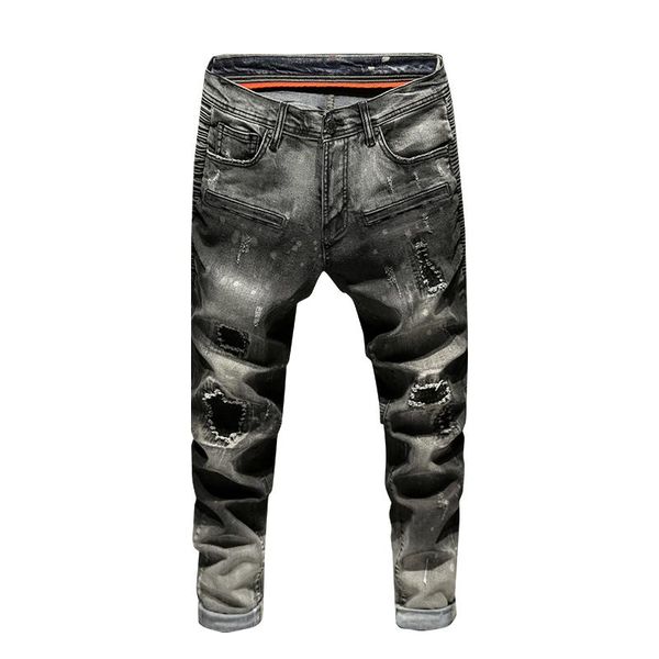 

black jeans men ripped faded slim fit elastic pleated torn men's motorcycle pants biker distressed hip hop male trousers, Blue