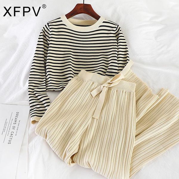 

women's two piece pants xfpv women striped knitting sweater high waist elasticity long set fashion autumn winter 2021 11d2285, White