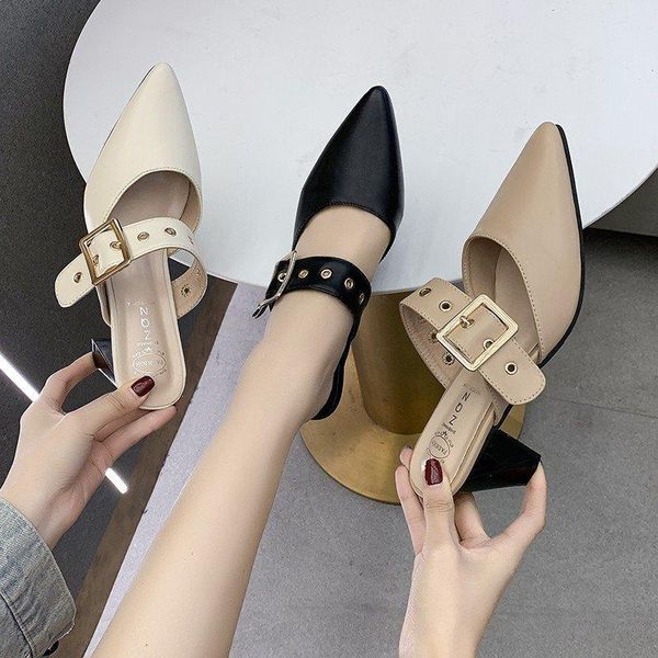 

slippers cover toe mules for women 2021 casual female shoes med slides low square heel luxury block pointed basic pu rubber, Black