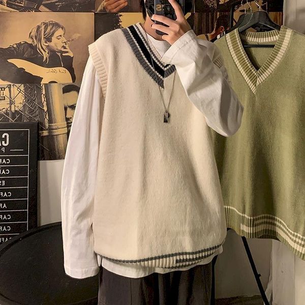 

men's vests men sweater vest patchwork simple panelled sleeveless knit sweaters male loose v-neck all-match korean preppy style streetw, Black;white