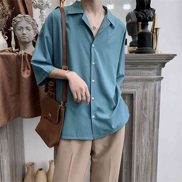 

men's seven part sleeve suit collar hawaiian shirt french cuff mens brand clothes fashion shirts camisa masculina 4 color 210721, White;black