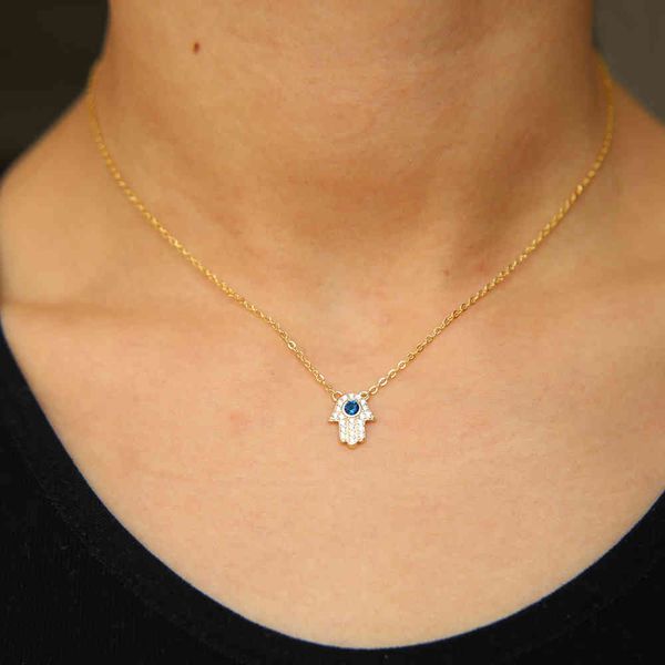 

2021 real 925 silver gold chain turkish evil eye hamsa hand charm 35+10cm necklace paved big blue cz for women wedding gift