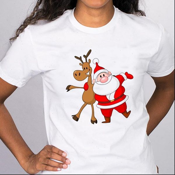 

women t shirt graphic santa claus deer happy winter time merry christmas clothes print lady tees clothing female, White