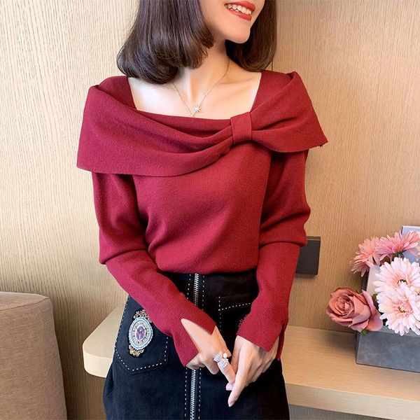 

women's sweaters ladies pullover sweater women autumn winter bottoming female red retro elegant fashion square neck long-sleeved knitte, White;black