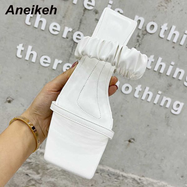 

aneikeh fashion summer women's low slippers pu pleated shallow slides solid outside thin heels casua concise white 210615, Black