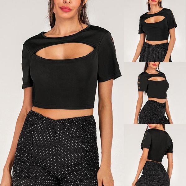 

women's t-shirt chest hole solid color round neck short navel bare black, White