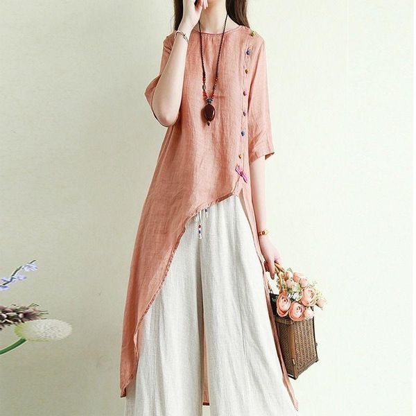 

women's fashion cotton and linen t-shirt summer short section loose mid-length large size shirt buckle blouses & shirts, White