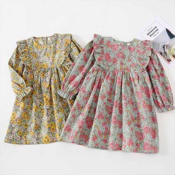 

girls autumn ruffles sweet long girl dresses sleeved children baby kids spring princess flower clothing, Red;yellow