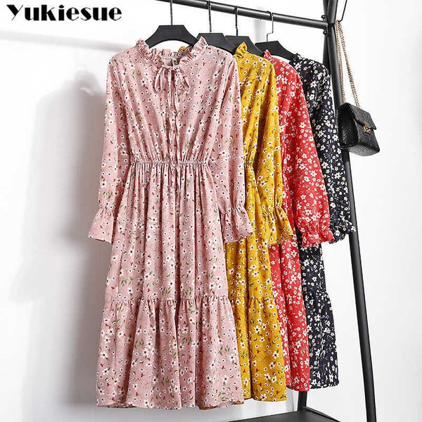 Sommer Herbst Chiffon Print Kleid für Frauen Casual Nette Frauen Blumen Bowknot Kleider Langarm Weibliche Vestido Plus Größe 210608