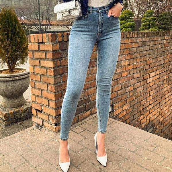 

women's jeans girls pencil pants high waist stretch skinny denim trousers ins 2021 blue retro washed elastic slim bottoms