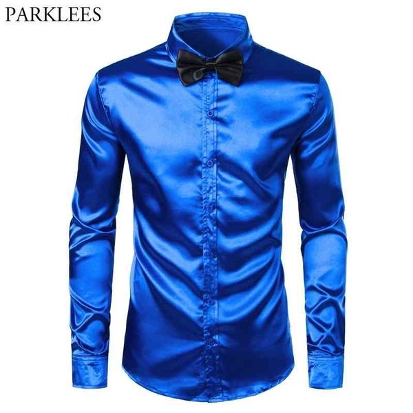 

royal blue silk dress shirt men chemise satin smooth men party prom shirt busienss wedding male casual shirt with bow tie 210522, White;black