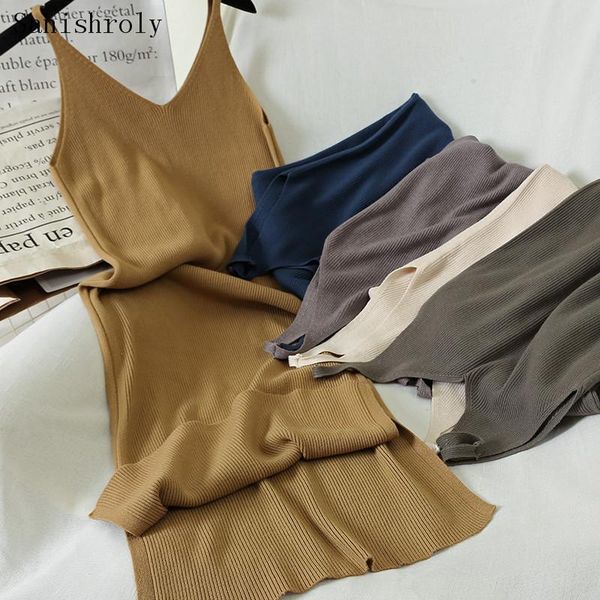 

casual dresses sanishroly women long spaghetti strap v-neck split knitted dress ladies bodycon sleeveless tank vestidos c033, Black;gray