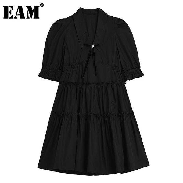 

[eam] women black pleated bow pearl dress lapel puff elastic half sleeve loose fit fashion spring summer 1dd8374 210512, Black;gray
