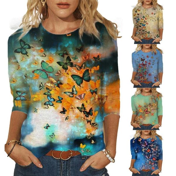 

women's t-shirt butterflies pattern1 tshirts beautiful fashion spring printed mid-length sleeves crew-neck casual tee camiseta, White