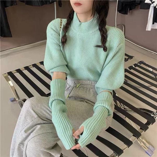 

women's sweaters stylish personality turtleneck knitted sweater women simple solid-color half bubble sleeve knit 2021 spring autumn, White;black