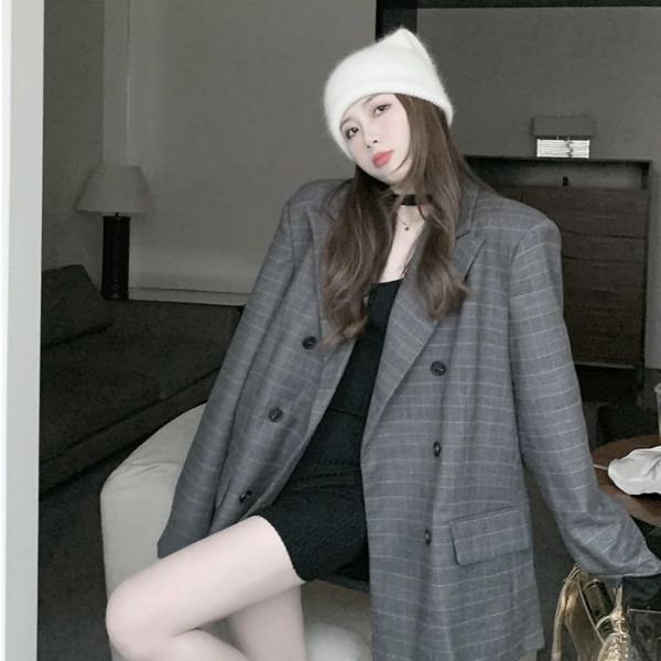 

women's suits & blazers superaen spring loose plaid double-breasted notched suit coat office lady full women, White;black
