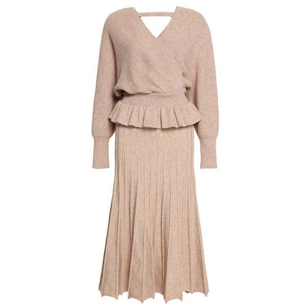 

perhaps u women knitted black gray champagne v neck long sleeve pullover midi skirt two piece set ruffle hollow out t0035 210529, White