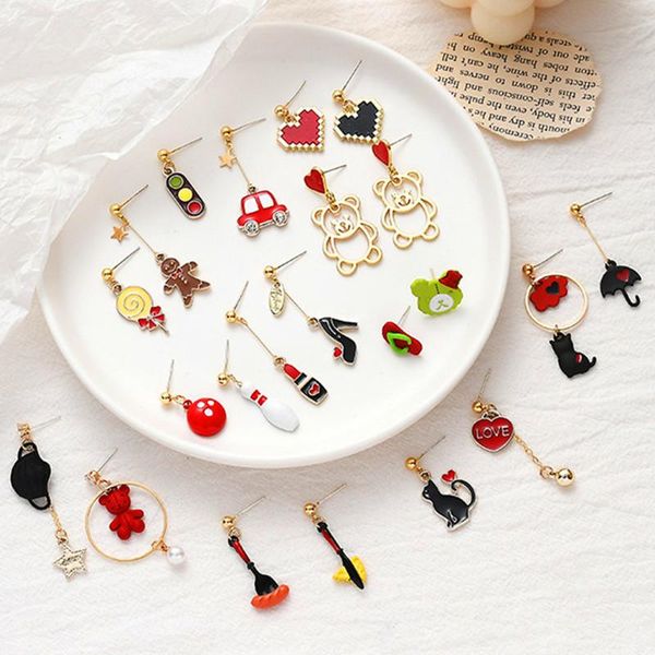 

dangle & chandelier fashion spring cartoon earrings for women girl metal enamel glaze cat asymmetric drop lovely car bear dangler jewelry, Silver