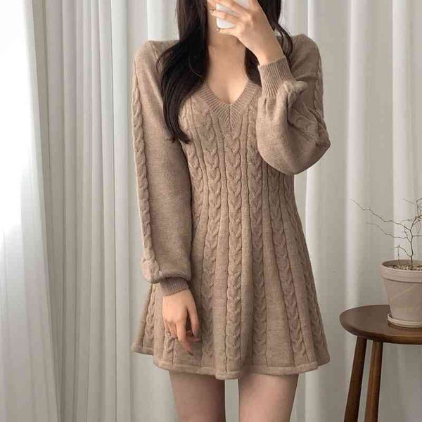 

chic knitting dresses woman autumn winter korean ins lantern long sleeves v-neck all-match twist female dress, Black;gray