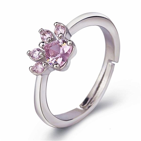 

cat dog bear's cute paw rings for women romantic animal cz heart rose gold color resizable wedding, Silver