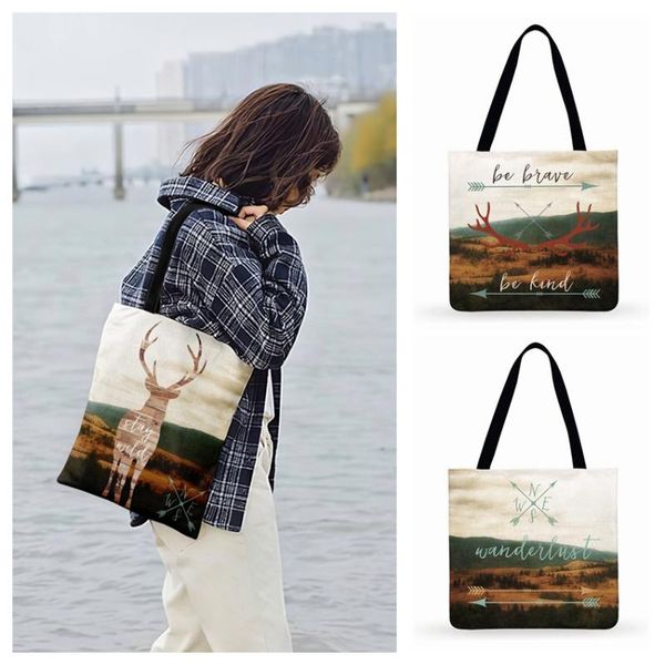 

shopping bags outdoor beach tote cold forest painting print bag for women casual ladies shoulder foldable