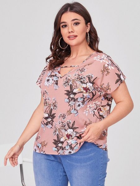 

plus v-neck floral z34e#, Black