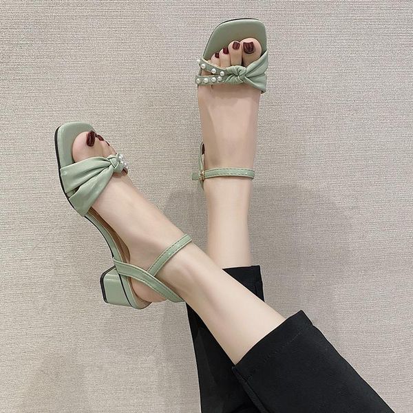 

all-match block heels high heeled sandals woman 2021 shallow mouth suit female beige bow shoes med anti-skid chunky high-heeled, Black