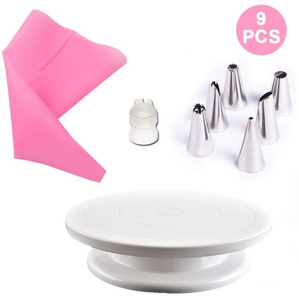 

9pcs fondant cake decoration tools plastic turntable diy home baking accessories silicone pastry tips &