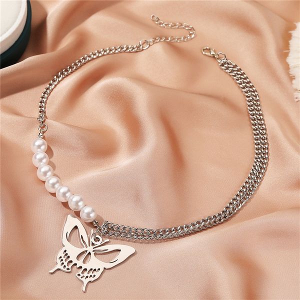 

hollow metal butterfly pearl pendant necklaces european women animal beaded thick clavicle chain for party gift suit dress punk necklace jew, Silver