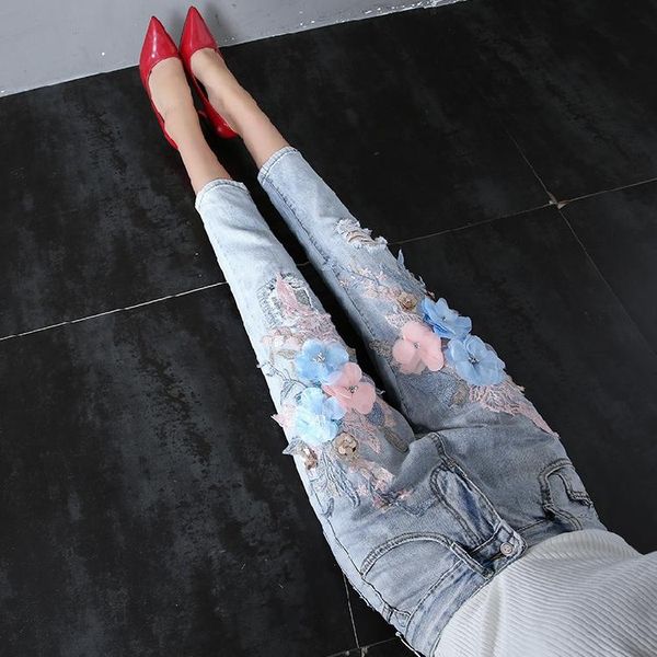 

spring summer fashion casual denim trousers for women loose all-match students jeans floral embroidery cross-pants women's, Blue