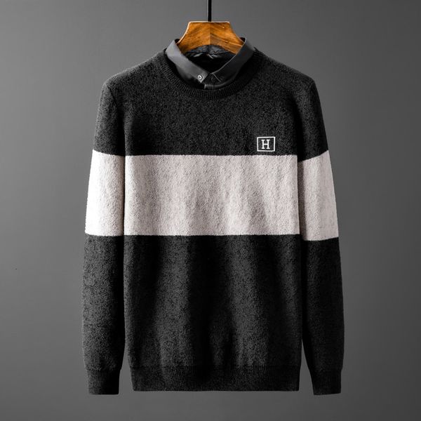 

sweater knit spring and autumn 2021 fake two piece men's pullover shirt trend letter printing casual men, White;black