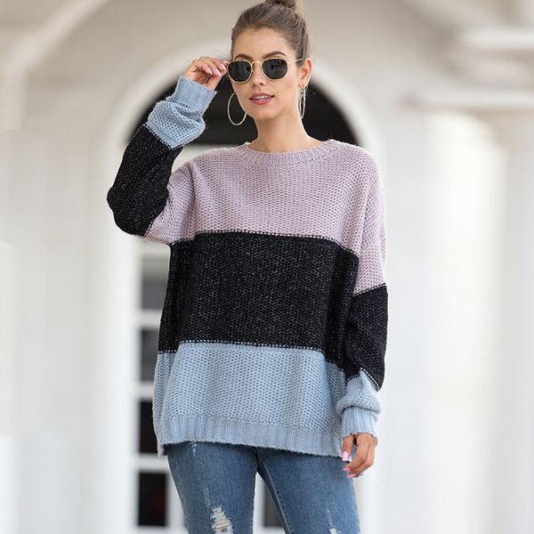 

fashion sweater autumn and winter 2021 stripe color matching pullover women's thick line, White;black