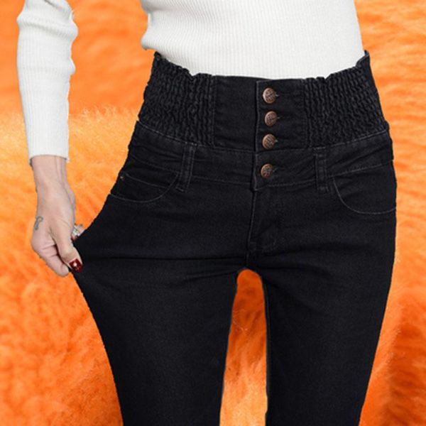

women's jeans denim pants autumn winter for women high waist skinny warm thick ladies elastic plus size stretch velvet, Blue