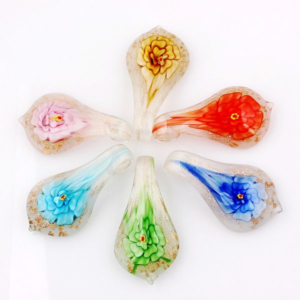 

wholesale 6pcs pendants handmade murano lampwork glass mix color 3d flower waterdrop pendant fit necklace gift, Silver