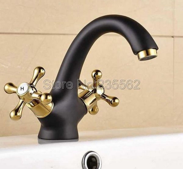 

bathroom sink faucets black and golden oil rubbed bronze faucet dual cross handle mixer tap wash basin deck mounted lnf8061