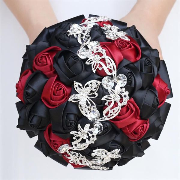 

wedding flowers 2021 design bride bridesmaid holding artificial satin bouquet with diamond butterfly jewelry